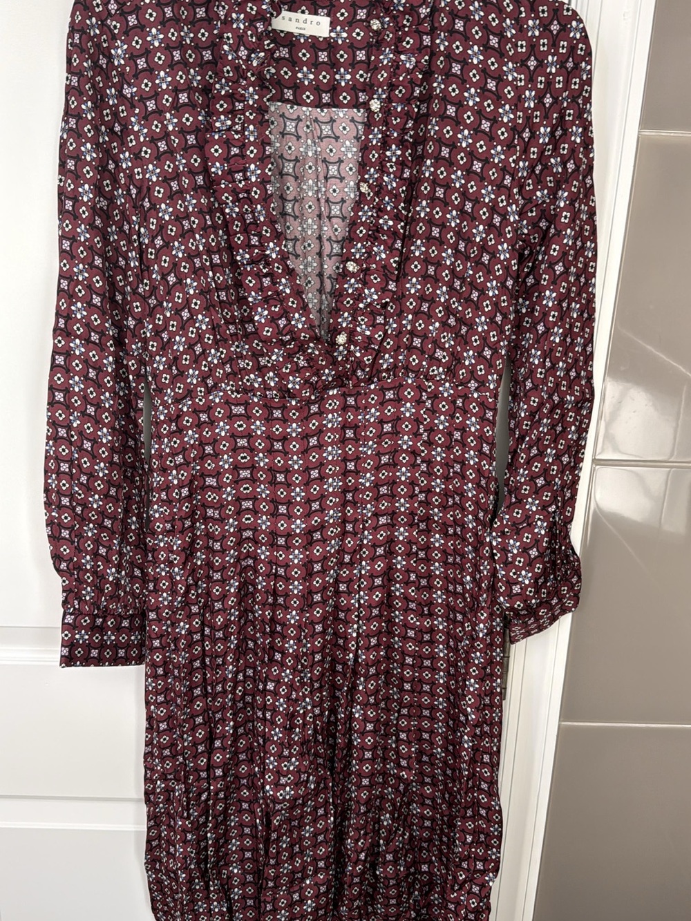 Sandro Burgundy Floral Long Sleeve V-Neck Dress
